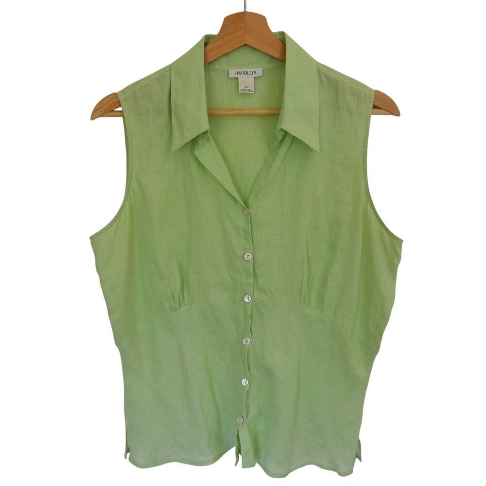 Vintage Lime Green Linen Button Up Collared Tank Size Large